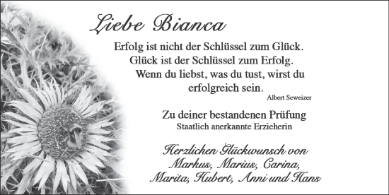 Glückwunschanzeige von Bianca  von Zeitung am Sonntag