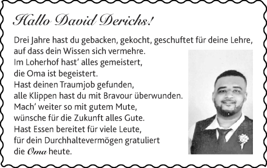 Glückwunschanzeige von David Derichs von Zeitung am Sonntag