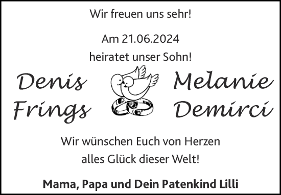 Glückwunschanzeige von Denis Frings von Zeitung am Sonntag