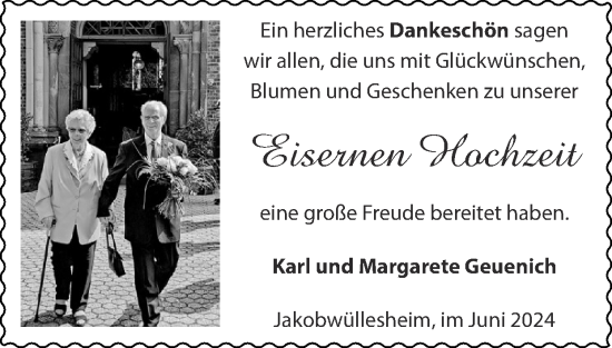Glückwunschanzeige von Eisernen Hochzeit  von Zeitung am Sonntag