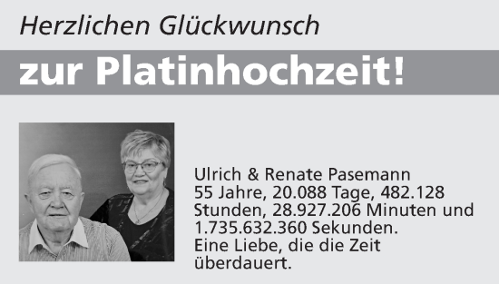 Glückwunschanzeige von Herzlichen Glückwunsch zur Platinhochzeit  von Zeitung am Sonntag