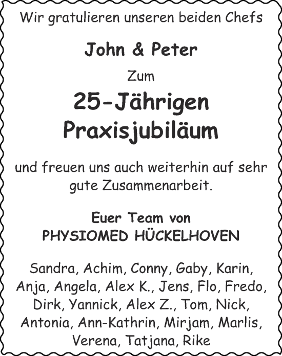 Glückwunschanzeige von John und Peter  von Zeitung am Sonntag