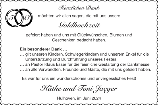 Glückwunschanzeige von Käthe und Toni Jaeger von Zeitung am Sonntag