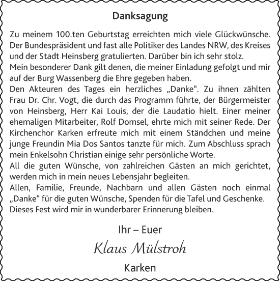 Glückwunschanzeige von Klaus Mülstroh  von Zeitung am Sonntag
