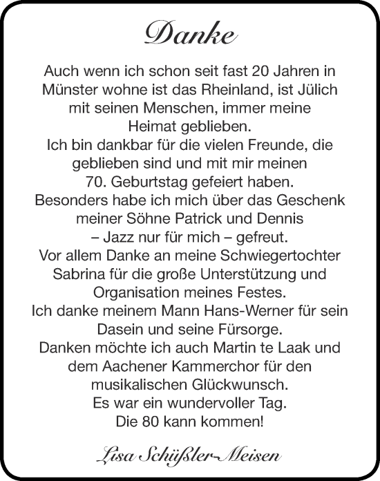 Glückwunschanzeige von Lisa Schüßler-Meisen von Zeitung am Sonntag
