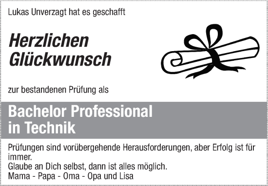 Glückwunschanzeige von Lukas Unverzagt von Zeitung am Sonntag