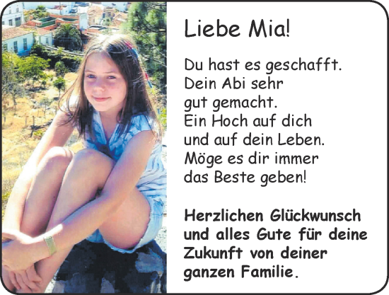 Glückwunschanzeige von Mia  von Zeitung am Sonntag