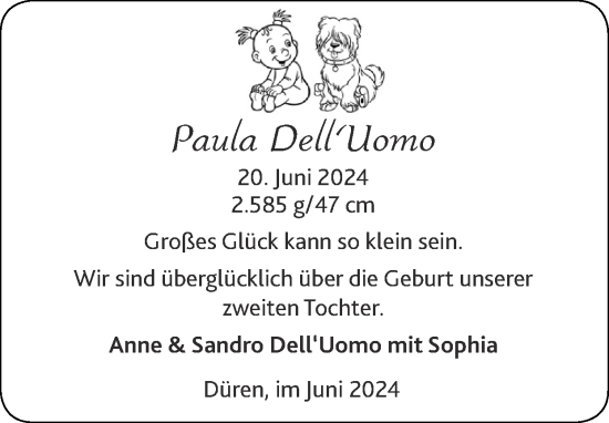 Glückwunschanzeige von Paula Dell‘Uomo von Zeitung am Sonntag
