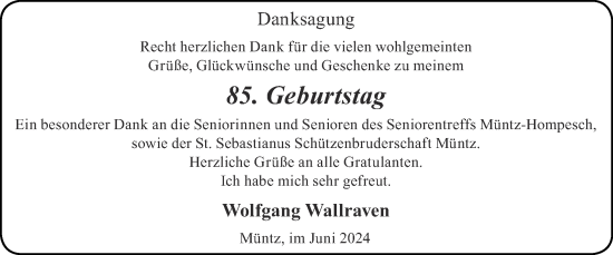 Glückwunschanzeige von Wolfgang Wallraven von Zeitung am Sonntag