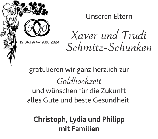 Glückwunschanzeige von Xaver und Trudi Schmitz-Schunken von Zeitung am Sonntag