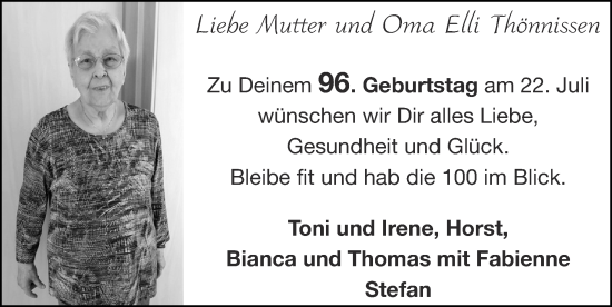 Glückwunschanzeige von Elli Thönnissen von Zeitung am Sonntag