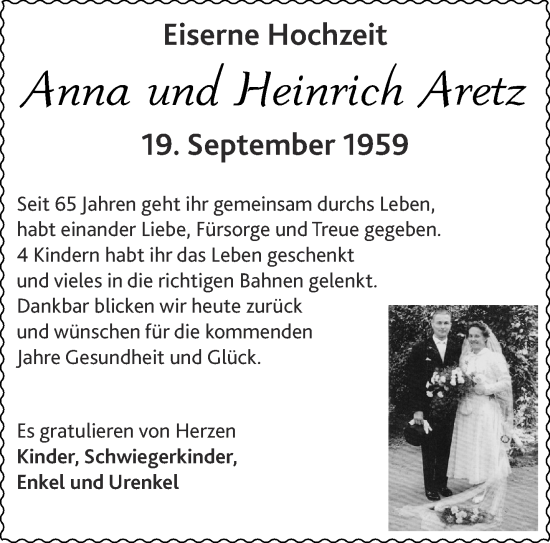Glückwunschanzeige von Anna und Heinrich Aretz von Aachener Zeitung