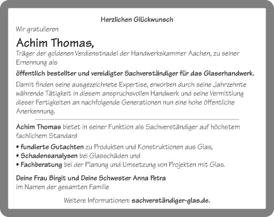Glückwunschanzeige von Achim Thomas von Zeitung am Sonntag