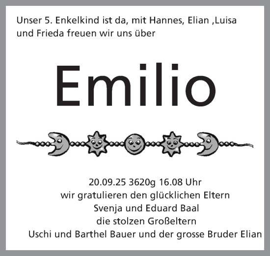 Glückwunschanzeige von Emilio  von Zeitung am Sonntag