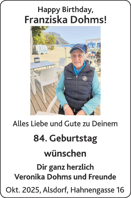 Glückwunschanzeige von Franziska  Dohms von Zeitung am Sonntag