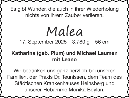 Glückwunschanzeige von Malea  von Zeitung am Sonntag