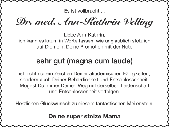 Glückwunschanzeige von Ann-Kathrin Velling von Zeitung am Sonntag