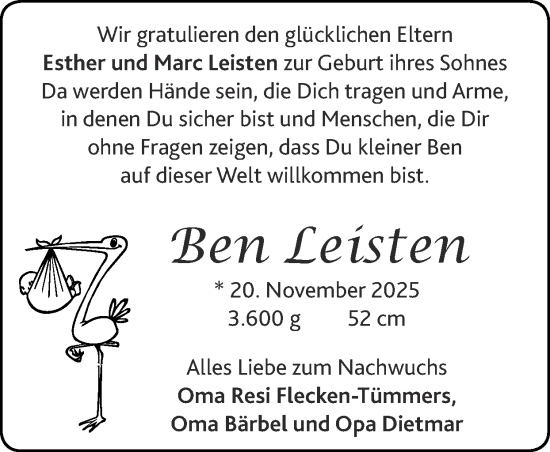 Glückwunschanzeige von Ben Leisten von Zeitung am Sonntag