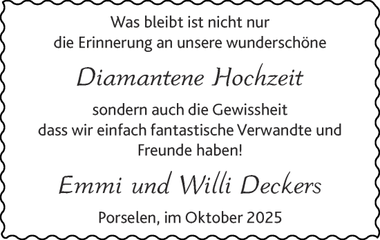 Glückwunschanzeige von Emmi und Willi Deckers von Zeitung am Sonntag
