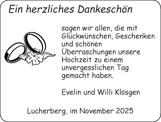 Glückwunschanzeige von Evelin und Willi Klösgen von Zeitung am Sonntag
