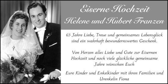 Glückwunschanzeige von Helene und Hubert Franzen von Zeitung am Sonntag