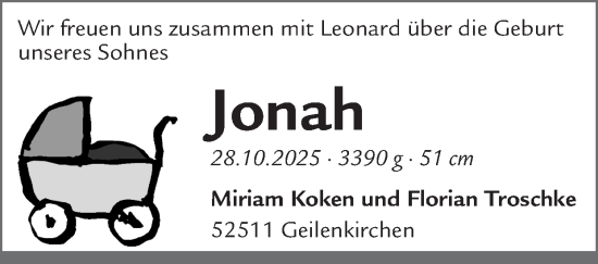 Glückwunschanzeige von Jonah  von Zeitung am Sonntag