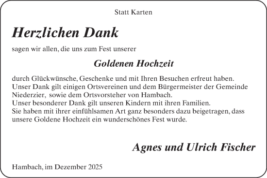 Glückwunschanzeige von Agnes und Ulrich Fischer von Zeitung am Sonntag