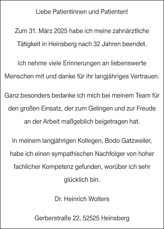 Glückwunschanzeige von Dr. Heinrich Wolters von Zeitung am Sonntag