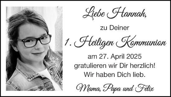 Glückwunschanzeige von Hannah  von Zeitung am Sonntag