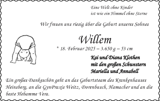 Glückwunschanzeige von Willem Klothen von Zeitung am Sonntag