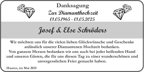 Glückwunschanzeige von Josef und Else Schröders von Zeitung am Sonntag