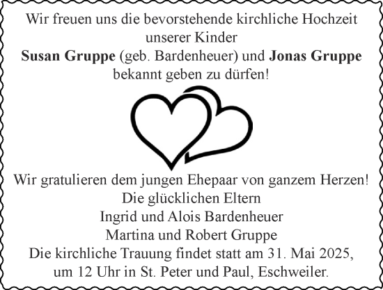 Glückwunschanzeige von Susan und Jonas Gruppe von Zeitung am Sonntag