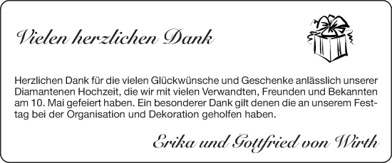 Glückwunschanzeige von Erika und Gottfried von Wirth von Zeitung am Sonntag