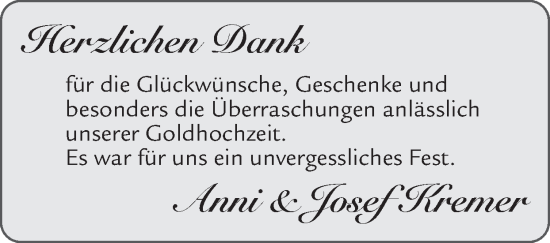 Glückwunschanzeige von Anni & Josef  Kremer von Zeitung am Sonntag
