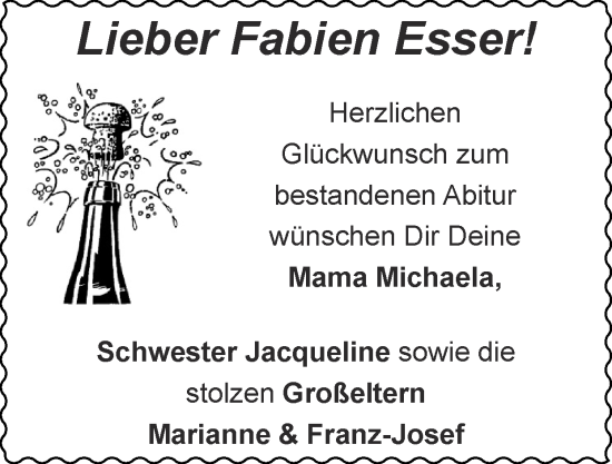 Glückwunschanzeige von Fabien  Esser von Zeitung am Sonntag