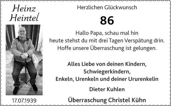 Glückwunschanzeige von Heinz Heintel von Zeitung am Sonntag