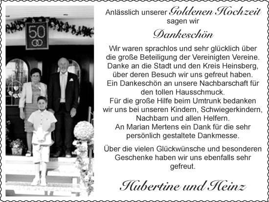 Glückwunschanzeige von Hubertine und Heinz  von Zeitung am Sonntag
