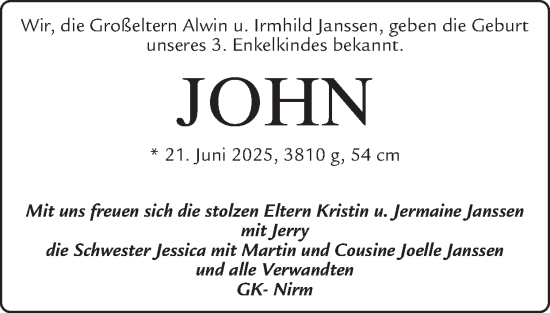 Glückwunschanzeige von John Janssen von Zeitung am Sonntag