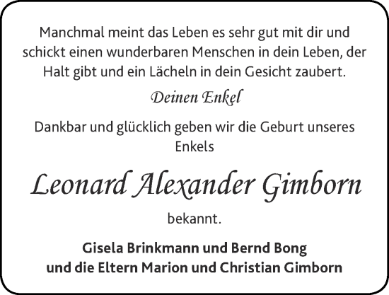 Glückwunschanzeige von Leonard Alexander Gimborn von Zeitung am Sonntag