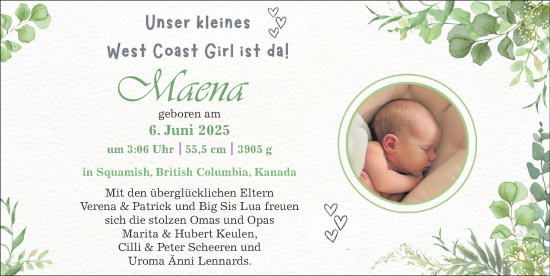Glückwunschanzeige von Maena  von Zeitung am Sonntag