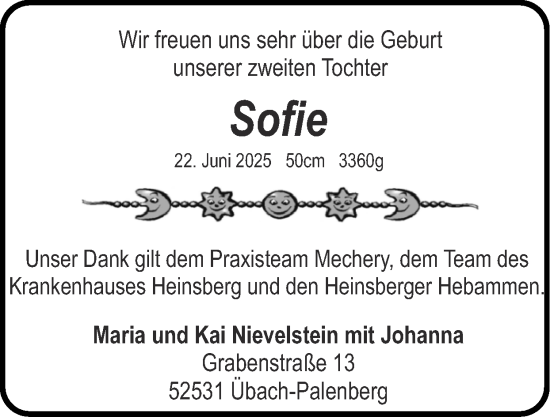 Glückwunschanzeige von Sofie  von Zeitung am Sonntag