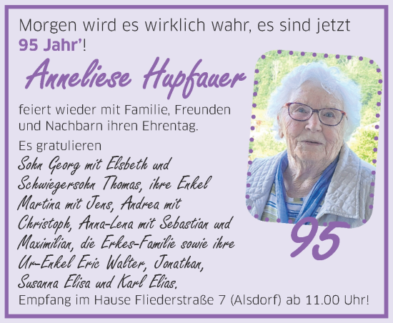 Glückwunschanzeige von Anneliese Hupfauer von Zeitung am Sonntag