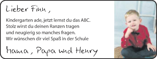 Glückwunschanzeige von Finn  von Zeitung am Sonntag