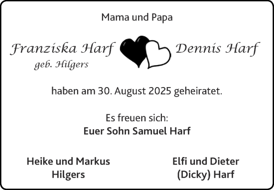 Glückwunschanzeige von Franziska und Dennis Harf von Zeitung am Sonntag