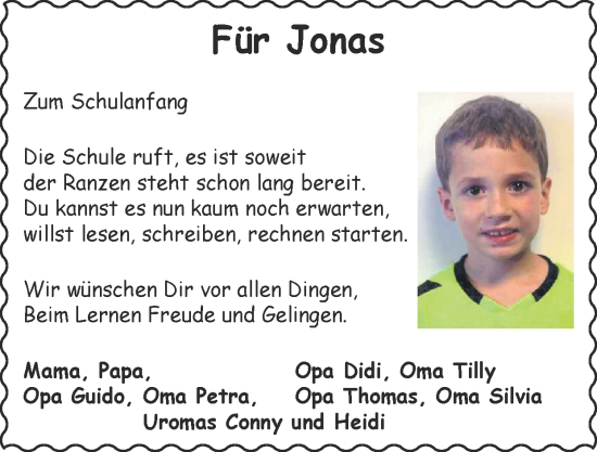 Glückwunschanzeige von Jonas  von Zeitung am Sonntag