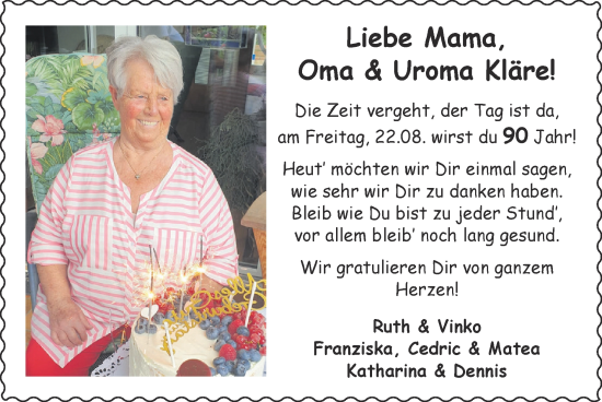 Glückwunschanzeige von Kläre  von Zeitung am Sonntag