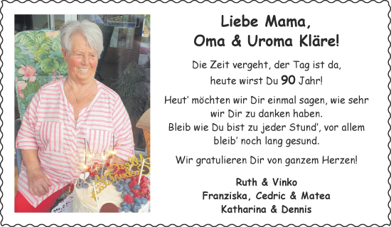 Glückwunschanzeige von Kläre  von Aachener Zeitung