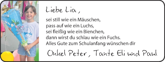 Glückwunschanzeige von Lia  von Zeitung am Sonntag