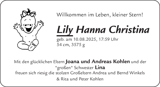 Glückwunschanzeige von Lily Hanna Christina Kohlen von Zeitung am Sonntag