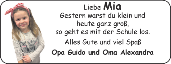 Glückwunschanzeige von Mia  von Zeitung am Sonntag